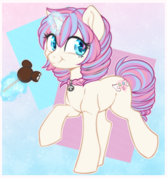 Size: 750x800 | Tagged: safe, artist:cabbage-arts, oc, oc only, species:pony, species:unicorn, abstract background, bell, eating, food, ice cream, levitation, magic, mickey mouse, solo, telekinesis