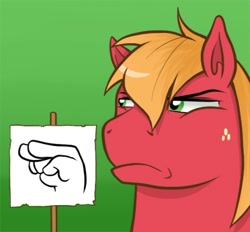 Size: 372x345 | Tagged: safe, artist:redhotkick, character:big mcintosh, species:earth pony, species:pony, ask big red macintosh, bust, freckles, frown, gradient background, hand, i'm watching you, male, observer, pictogram, portrait, reaction image, sign, solo, squint, stallion