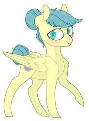 Size: 942x1280 | Tagged: safe, artist:jellybeanbullet, oc, oc only, oc:venti via, species:pegasus, species:pony, beanbrows, blushing, cutie mark, eyebrows, eyebrows visible through hair, hair bun, raised hoof, simple background, smiling, solo, white background, wings