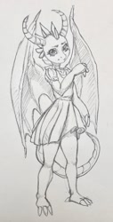 Size: 648x1280 | Tagged: safe, artist:kelpiemoonknives, character:smolder, species:anthro, species:dragon, clothing, cute, dragoness, dress, female, grayscale, looking at you, monochrome, pencil drawing, sketch, smolderbetes, solo, traditional art