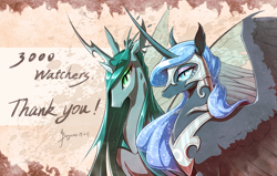 Size: 1753x1116 | Tagged: safe, artist:begasus, character:nightmare moon, character:princess luna, character:queen chrysalis, species:alicorn, species:changeling, species:pony, ship:chrysmoon, changeling queen, female, lesbian, mare, milestone, shipping, signature, smiling