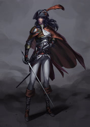 Size: 2059x2913 | Tagged: dead source, safe, artist:sunset tide, character:rarity, species:human, belt, boots, cape, clothing, elf ears, feathered hat, female, flintlock, gray background, gun, hat, humanized, pants, rapier, shoes, simple background, solo, sword, unicorns as elves, uniform, weapon, woman