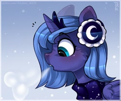 Size: 3000x2500 | Tagged: safe, artist:trickate, character:princess luna, species:alicorn, species:pony, blushing, bust, cheek fluff, clothing, cute, earmuffs, female, filly, horn, jewelry, lunabetes, mare, portrait, profile, regalia, scarf, snow, solo, tiara, winter, woona, younger
