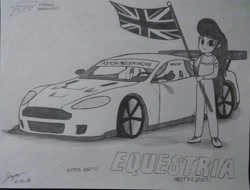 Size: 1885x1432 | Tagged: safe, artist:forzaveteranenigma, character:octavia melody, fanfic:equestria motorsports, my little pony:equestria girls, aston martin, aston martin dbr9, aston martin racing, aston melody, aston melody racing, britavia, british, british flag, car, female, flag, flag pole, racing suit, solo, traditional art, union jack