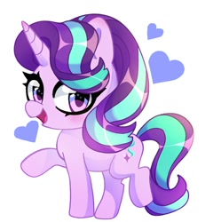 Size: 1018x1024 | Tagged: safe, artist:techycutie, character:starlight glimmer, species:pony, species:unicorn, chibi, cute, female, glimmerbetes, heart, looking at you, mare, open mouth, raised hoof, smiling, solo