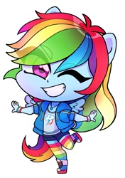 Size: 733x1043 | Tagged: safe, artist:techycutie, character:rainbow dash, my little pony:equestria girls, chibi, clothing, cute, cutie mark, dashabetes, eye clipping through hair, eyebrows, eyebrows visible through hair, female, geode of super speed, jacket, magical geodes, ponied up, rainbow, rainbow socks, socks, solo, striped socks, tail, thigh highs, wings