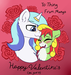 Size: 3052x3200 | Tagged: safe, artist:rivibaes, oc, oc only, oc:mango tango, oc:thing, species:pony, bust, holiday, mlem, silly, tongue out, valentine's day
