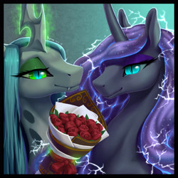 Size: 3081x3081 | Tagged: safe, artist:begasus, character:nightmare moon, character:princess luna, character:queen chrysalis, species:pony, ship:chrysmoon, bouquet, female, flower, holiday, lesbian, mare, rose, shipping, slit eyes, smiling, valentine's day