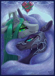 Size: 2580x3607 | Tagged: safe, artist:begasus, character:nightmare moon, character:princess luna, character:queen chrysalis, species:alicorn, species:changeling, species:pony, ship:chrysmoon, bedroom eyes, bust, changeling queen, cute, cutealis, ethereal mane, eyeshadow, featured on derpibooru, female, floppy ears, fluffy, galaxy mane, grin, jewelry, lesbian, makeup, moonabetes, shipping, slit eyes, smiling