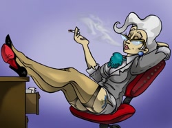 Size: 790x588 | Tagged: safe, artist:susiebeeca, character:mayor mare, species:human, breasts, cigarette, clothing, cutie mark, eyes closed, feet on table, female, garters, glasses, gradient background, high heels, humanized, shoes, sitting, smoking, solo, stockings, tattoo
