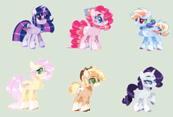 Size: 1280x866 | Tagged: safe, artist:jxst-alexa, character:applejack, character:fluttershy, character:pinkie pie, character:rainbow dash, character:rarity, character:twilight sparkle, character:twilight sparkle (alicorn), species:alicorn, species:earth pony, species:pegasus, species:pony, species:unicorn, alternate design, clothing, coat markings, colored hooves, cowboy hat, dappled, eye clipping through hair, female, green background, hat, mane six, mare, missing cutie mark, simple background, two toned wings, unshorn fetlocks