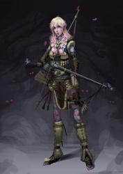 Size: 2059x2912 | Tagged: dead source, safe, artist:sunset tide, character:fluttershy, species:human, bow (weapon), braid, butterfly, clothing, elf ears, eyes in the dark, female, flintlock, flower, flower in hair, gray background, gun, humanized, insect, rifle, simple background, solo, weapon, wing ears, woman