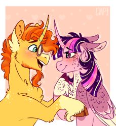 Size: 604x659 | Tagged: safe, artist:wanderingpegasus, character:sunburst, character:twilight sparkle, character:twilight sparkle (alicorn), species:alicorn, species:pony, species:unicorn, ship:twiburst, cheek fluff, chest fluff, ear fluff, female, heart eyes, looking at each other, male, mare, shipping, smiling, stallion, straight, wingding eyes