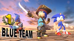 Size: 1200x675 | Tagged: safe, artist:alphamonouryuuken, character:rainbow dash, character:sonic the hedgehog, species:human, barely pony related, boots, clothing, crossover, falco lombardi, hat, humanized, isabelle, mii, mii fighters, mii swordfighter, pirate, pirate costume, pirate dash, pirate hat, pirate outfit, pose, shoes, smiling, sonic the hedgehog (series), star fox, super smash bros., super smash bros. ultimate, sword, team, text, weapon