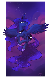 Size: 2499x3783 | Tagged: dead source, safe, artist:lemondevil, character:princess luna, species:alicorn, species:pony, ethereal mane, female, flying, high res, mare, night, shooting star, sky, solo, stars