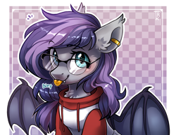 Size: 3088x2379 | Tagged: safe, artist:trickate, oc, oc:andromeda galaktika, species:bat pony, species:pony, abstract background, bat pony oc, blep, checkered background, chest fluff, clothing, commission, cute, ear fluff, ear piercing, ear tufts, earring, fangs, female, floppy ears, fluffy, glasses, hoodie, jewelry, looking at you, mare, ocbetes, piercing, silly, smiling, solo, spread wings, tongue out, wings