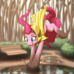 Size: 4000x4000 | Tagged: safe, artist:ohemo, character:pinkie pie, species:earth pony, species:pony, absurd resolution, bench, bush, clothing, cute, diapinkes, female, forest, looking down, mare, muddy hooves, open mouth, puddle, raincoat, solo, water