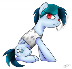 Size: 1280x1234 | Tagged: safe, artist:wolftendragon, oc, oc only, oc:delta vee, species:pegasus, species:pony, bags under eyes, cigarette, eye clipping through hair, female, mare, milf, signature, simple background, sitting, smoking, solo, white background