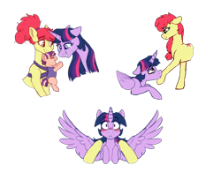 Size: 1924x1572 | Tagged: safe, artist:saphi-boo, character:apple bloom, character:twilight sparkle, character:twilight sparkle (alicorn), oc, parent:apple bloom, parent:twilight sparkle, species:alicorn, species:earth pony, species:pony, age difference, baby, baby pony, blushing, crying, female, floppy ears, grin, hooves, horn, magical lesbian spawn, mare, offspring, older, parents:twibloom, shipping, simple background, smiling, soul bond au, soulmate marks, spread wings, tears of joy, transparent background, twibloom, wings