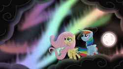 Size: 1189x672 | Tagged: safe, artist:mundschenk85, artist:uxyd, character:fluttershy, character:rainbow dash, species:pegasus, species:pony, cloud, female, moon, stars, windswept mane