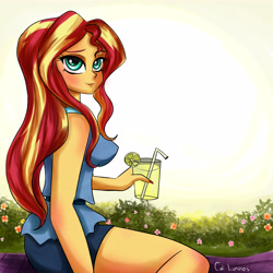 Size: 4096x4096 | Tagged: safe, artist:cali luminos, character:sunset shimmer, my little pony:equestria girls, absurd resolution, blushing, clothing, cute, drink, erect nipples, female, flower, food, lemon, nipple outline, pointed breasts, shimmerbetes, shorts, sleeveless, solo, straw