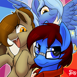 Size: 1280x1280 | Tagged: safe, artist:suspega, derpibooru original, oc, oc only, oc:crumpets, oc:wind shear, oc:yan, species:bat pony, species:earth pony, species:pegasus, species:pony, abstract background, angry, annoyed, blue eyes, blue mane, brown mane, bust, chest fluff, clothing, fangs, female, flying, glasses, grumpy, hair over one eye, happy, looking down, looking up, male, mare, no nostrils, open mouth, orange eyes, polo shirt, shirt, slit eyes, smiling, spread wings, stallion, trio, wings, yellow eyes