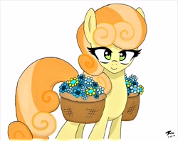 Size: 3392x2704 | Tagged: safe, artist:brekrofmadness, character:junebug, species:pony, basket, female, flower, simple background, solo, white background