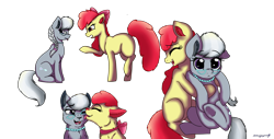 Size: 2366x1200 | Tagged: safe, artist:saphi-boo, character:apple bloom, character:silver spoon, species:earth pony, species:pony, ship:applespoon, blank flank, cat, catified, cutie mark, female, filly, floppy ears, hug, lesbian, licking, raised hoof, shipping, simple background, species swap, tongue out, transparent background