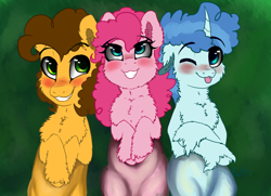 Size: 2146x1555 | Tagged: safe, artist:saphi-boo, character:cheese sandwich, character:party favor, character:pinkie pie, species:earth pony, species:pony, species:unicorn, ship:cheesepie, ship:partypie, bisexual, blushing, cheesefavor, crossed hooves, eyebrows, eyebrows visible through hair, female, floppy ears, fluffy, gay, male, mare, on back, one eye closed, ot3, party trio, partycheesepie, pinkie pie gets all the stallions, polyamory, shipping, smiling, stallion, straight, tongue out, wink