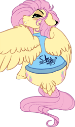 Size: 484x816 | Tagged: safe, artist:saphi-boo, edit, character:fluttershy, species:pegasus, species:pony, bedroom eyes, blushing, both cutie marks, clothing, cropped, cutie mark, dock, female, floppy ears, lip bite, looking at you, mare, one wing out, rear view, shirt, simple background, sitting, solo, tail feathers, transparent background