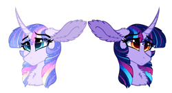 Size: 823x444 | Tagged: safe, alternate version, artist:saphi-boo, character:twilight sparkle, species:pony, alternate color palette, alternate eye color, alternative cutie mark placement, big ears, bust, chest fluff, curved horn, dawn, duality, dusk, ear fluff, ethereal mane, eye clipping through hair, female, floppy ears, galaxy mane, horn, huge ears, impossibly large ears, older, pouting, sad, simple background, solo, transparent background