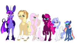 Size: 4167x2334 | Tagged: safe, alternate version, artist:saphi-boo, character:applejack, character:fluttershy, character:pinkie pie, character:rainbow dash, character:rarity, character:twilight sparkle, character:twilight sparkle (alicorn), species:alicorn, species:classical unicorn, species:earth pony, species:pegasus, species:pony, species:unicorn, alternate color palette, alternate cutie mark, alternate design, alternate universe, big ears, blaze (coat marking), cloven hooves, coat markings, female, floppy ears, grin, hair over one eye, impossibly large ears, leonine tail, line-up, looking at you, mane six, mare, open mouth, raised hoof, simple background, size chart, size comparison, size difference, smiling, socks (coat marking), transparent background, unshorn fetlocks