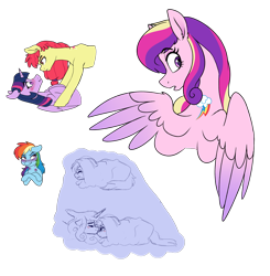 Size: 2249x2292 | Tagged: safe, artist:saphi-boo, character:apple bloom, character:princess cadance, character:rainbow dash, character:twilight sparkle, character:twilight sparkle (alicorn), species:alicorn, species:earth pony, species:pegasus, species:pony, alternative cutie mark placement, bedroom eyes, biting, blushing, cadash, eyebrows, eyebrows visible through hair, female, floppy ears, infidelity, lesbian, looking over shoulder, love bite, mare, older, shipping, simple background, soul bond au, soulmate marks, transparent background, twibloom