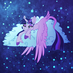Size: 1000x1000 | Tagged: safe, artist:saphi-boo, oc, oc only, oc:evening star, species:alicorn, species:pony, alicorn oc, cloud, cloven hooves, eyebrows, eyebrows visible through hair, eyeshadow, leonine tail, lidded eyes, makeup, night, not twilight sparkle, one eye closed, raised eyebrow, smiling, solo, stars, tail feathers, unshorn fetlocks