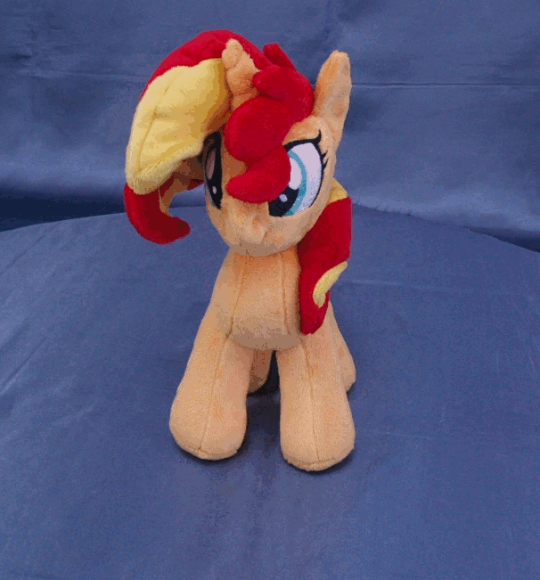 Size: 606x651 | Tagged: safe, artist:adamar44, character:sunset shimmer, species:pony, species:unicorn, animated, female, gif, irl, mare, perfect loop, photo, plushie, rotating, smiling, stop motion