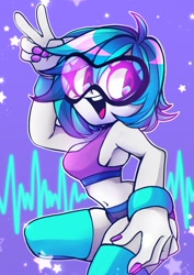 Size: 648x916 | Tagged: safe, artist:techycutie, character:dj pon-3, character:vinyl scratch, species:human, my little pony:equestria girls, belly button, bracelet, breasts, busty vinyl scratch, clothing, female, glasses, goggles, jewelry, midriff, nail polish, open mouth, shiny, sideboob, socks, solo, sports bra, sports shorts, stars, thigh highs, waveform