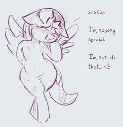 Size: 918x946 | Tagged: safe, artist:comfyplum, oc, oc:comfy plum, species:pegasus, species:pony, arm behind back, belly, belly button, bipedal, blushing, crossed legs, cute, dialogue, eyes closed, female, flattered, hips, mare, sketch, smiling, solo, wide hips