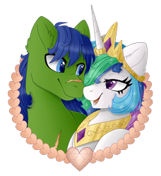 Size: 3094x3388 | Tagged: safe, artist:sk-ree, character:princess celestia, oc, oc:rally flag, species:alicorn, species:pegasus, species:pony, episode:hearts and hooves day, g4, my little pony: friendship is magic, canon x oc, female, horn jewelry, horn ring, jewelry, male, rallylestia, ring, shipping, straight, wedding ring