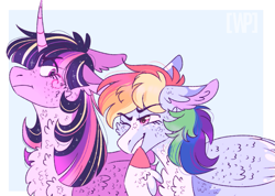 Size: 913x651 | Tagged: safe, artist:wanderingpegasus, character:rainbow dash, character:twilight sparkle, character:twilight sparkle (alicorn), species:alicorn, species:pegasus, species:pony, chest fluff, duo, ear fluff, female, floppy ears, mare, smiling, unamused
