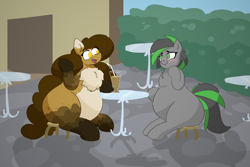 Size: 4500x3000 | Tagged: safe, artist:comfyplum, oc, oc:gadget flare, oc:varah bubble, species:earth pony, species:pony, belly, bush, chubby, commission, fat, female, glass, large butt, mare, milkshake, outdoors, plot, pregnant, table, the ass was fat