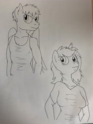 Size: 3024x4032 | Tagged: safe, artist:wolftendragon, oc, oc only, oc:emily, oc:george, species:anthro, species:pegasus, species:pony, species:unicorn, clothing, female, male, mare, monochrome, shirt, stallion, traditional art