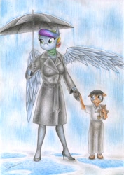 Size: 1641x2315 | Tagged: safe, artist:sinaherib, oc, oc:rainfall, parent:rainbow dash, parent:soarin', parents:soarindash, unnamed oc, species:anthro, species:pony, anthro oc, clothing, coat, colored pencil drawing, crying, female, floppy ears, holding hands, male, mare, offspring, rain, story in the source, teddy bear, traditional art, umbrella, wing umbrella