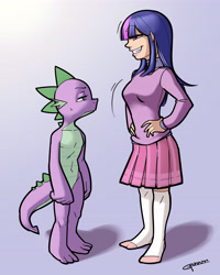 Size: 5511x6889 | Tagged: safe, artist:garam, character:spike, character:twilight sparkle, species:dragon, species:human, ship:twispike, absurd resolution, alternate hairstyle, breasts, busty twilight sparkle, clothed female nude male, clothing, duo, eyes on the prize, female, humanized, looking at each other, male, pleated skirt, shipping, short hair, skirt, smiling, smug, smuglight sparkle, socks, straight, young