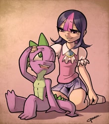 Size: 4987x5663 | Tagged: safe, artist:garam, character:spike, character:twilight sparkle, species:dragon, species:human, ship:twispike, absurd resolution, alternate hairstyle, caress, clothed female nude male, clothing, cute, duo, female, humanized, looking at each other, male, one eye closed, photo, pleated skirt, shipping, short hair, skirt, smiling, socks, straight, young