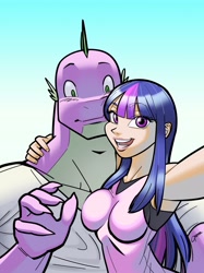 Size: 3071x4096 | Tagged: safe, artist:garam, character:spike, character:twilight sparkle, species:anthro, species:dragon, species:human, ship:twispike, armpits, breasts, clothing, female, humanized, looking at you, male, open mouth, selfie, shipping, straight, tank top