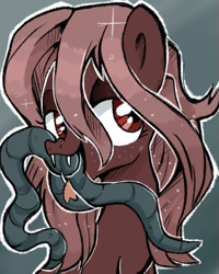 Size: 577x721 | Tagged: safe, artist:xsidera, oc, oc only, oc:abiteth, species:pony, brown fur, brown hair, fangs, female, forked tongue, freckles, mare, monster pony, open mouth, original species, red eyes, solo, tatzlpony, tentacles, tongue out