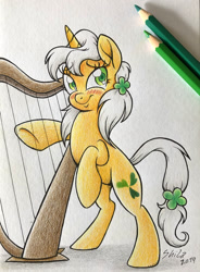 Size: 800x1088 | Tagged: safe, artist:littlehybridshila, oc, oc only, oc:forest lullaby, species:pony, species:unicorn, bipedal, blushing, clover, colored pencil drawing, colored pencils, female, four leaf clover, harp, looking at you, mare, musical instrument, shamrock, solo, traditional art