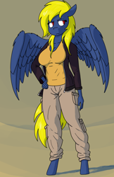 Size: 3300x5100 | Tagged: safe, artist:crazy water, derpibooru original, oc, oc:naveen numbers, species:anthro, species:pegasus, species:pony, species:unguligrade anthro, breasts, cargo pants, clothing, female, hand on hip, jacket, mare, pants, solo, standing, wings