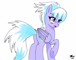 Size: 3796x3000 | Tagged: safe, artist:brekrofmadness, character:cloudchaser, species:pegasus, species:pony, female, mare, open mouth, plot, raised hoof, signature, simple background, solo, three quarter view, underhoof, white background