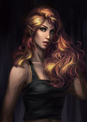 Size: 1920x2716 | Tagged: dead source, safe, artist:sunset tide, character:sunset shimmer, species:elf, species:human, clothing, dark background, elf ears, female, humanized, midriff, solo, tank top, unicorns as elves, woman
